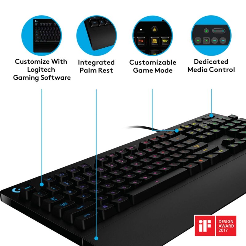 Logitech G213 Gaming Keyboard with Dedicated Media Controls, 16.8 Million Lighting Colors